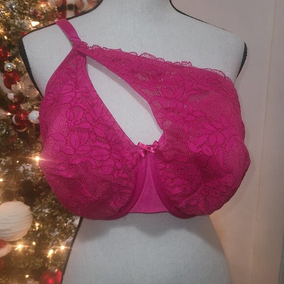 Cacique Bra Size 38DDD Asymmetrical Balconette Hot Pink Lace Sexy Flirty Girly - Picture 2 of 6